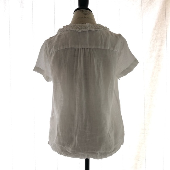 Talbots Petite Linen White Blouse Short Sleeve Ruffled Neckline - Picture 6 of 10